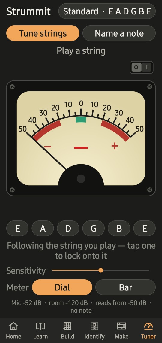 The tuner with its needle meter